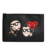 Dolce & Gabbana Black Leather #DGFAMILY Embellished Men Zip Pouch Bag